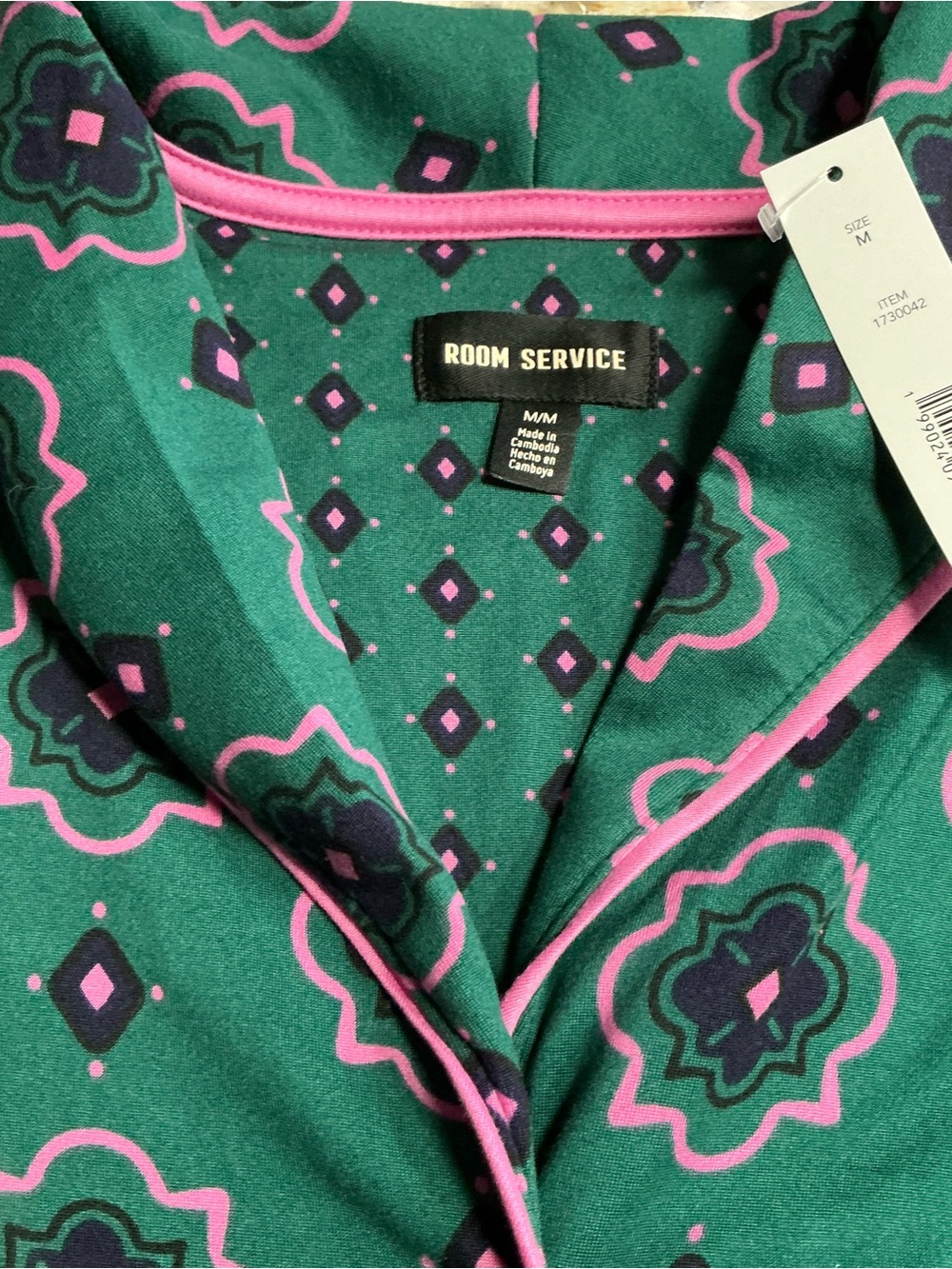 Room Service Women's Green Patterned Pajama Top with Pink Trim